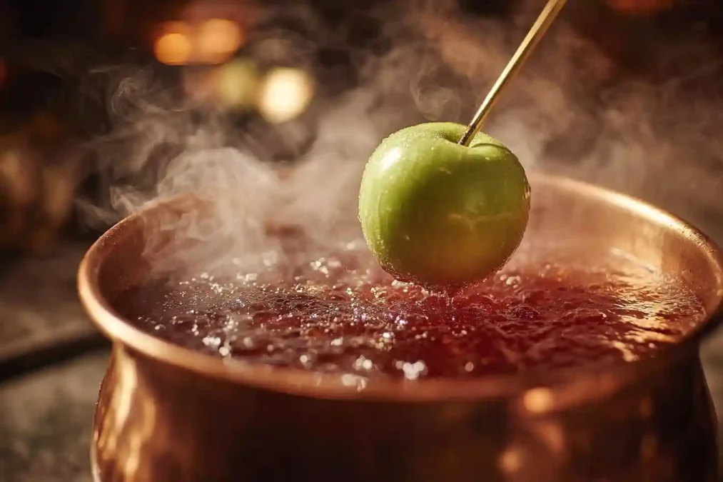 Trempage d'une pomme dans le sirop de sucre rouge