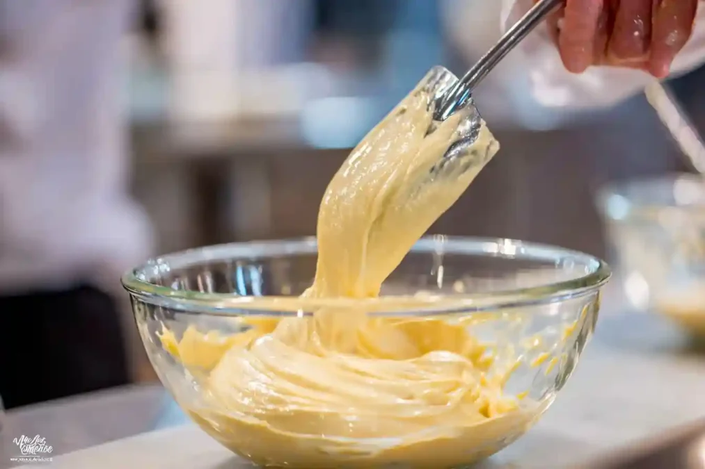 Étape du macaronage pour obtenir une pâte lisse et brillante