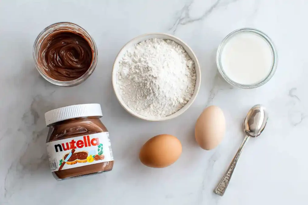 Ingrédients nécessaires pour faire un mug cake au Nutella : farine, œuf, lait et Nutella