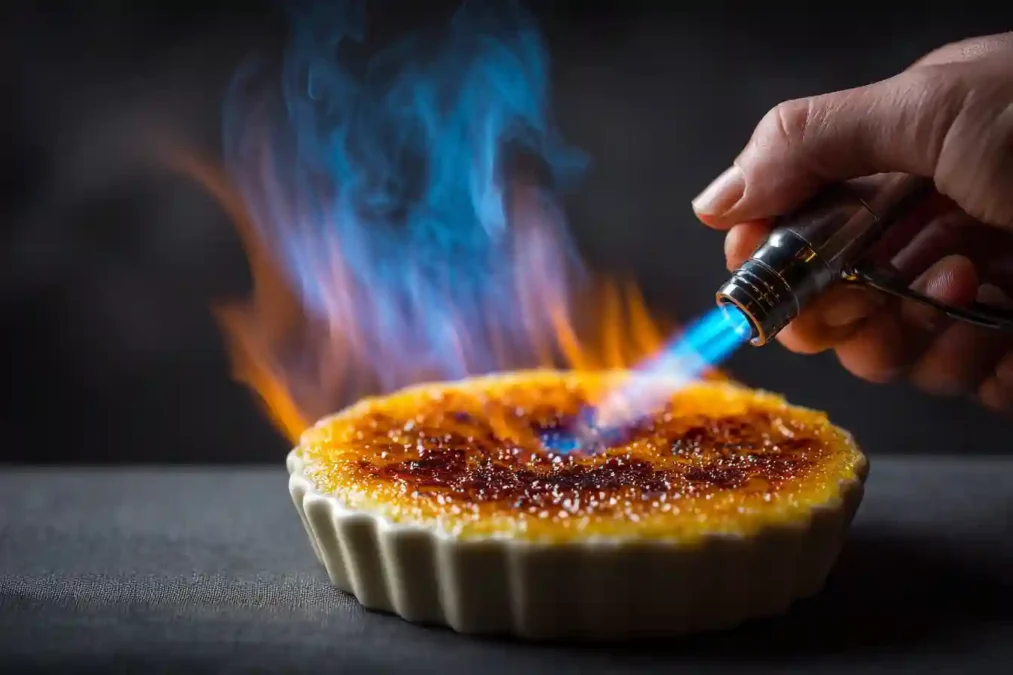Utilisation d'un chalumeau de cuisine pour caraméliser le sucre d'un dessert