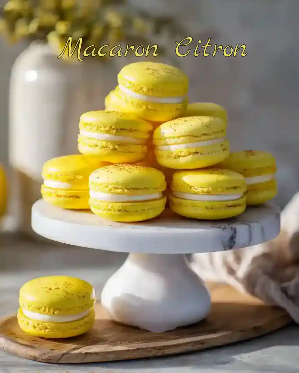 Présentoir de macarons au citron jaune vif dans une cuisine lumineuse