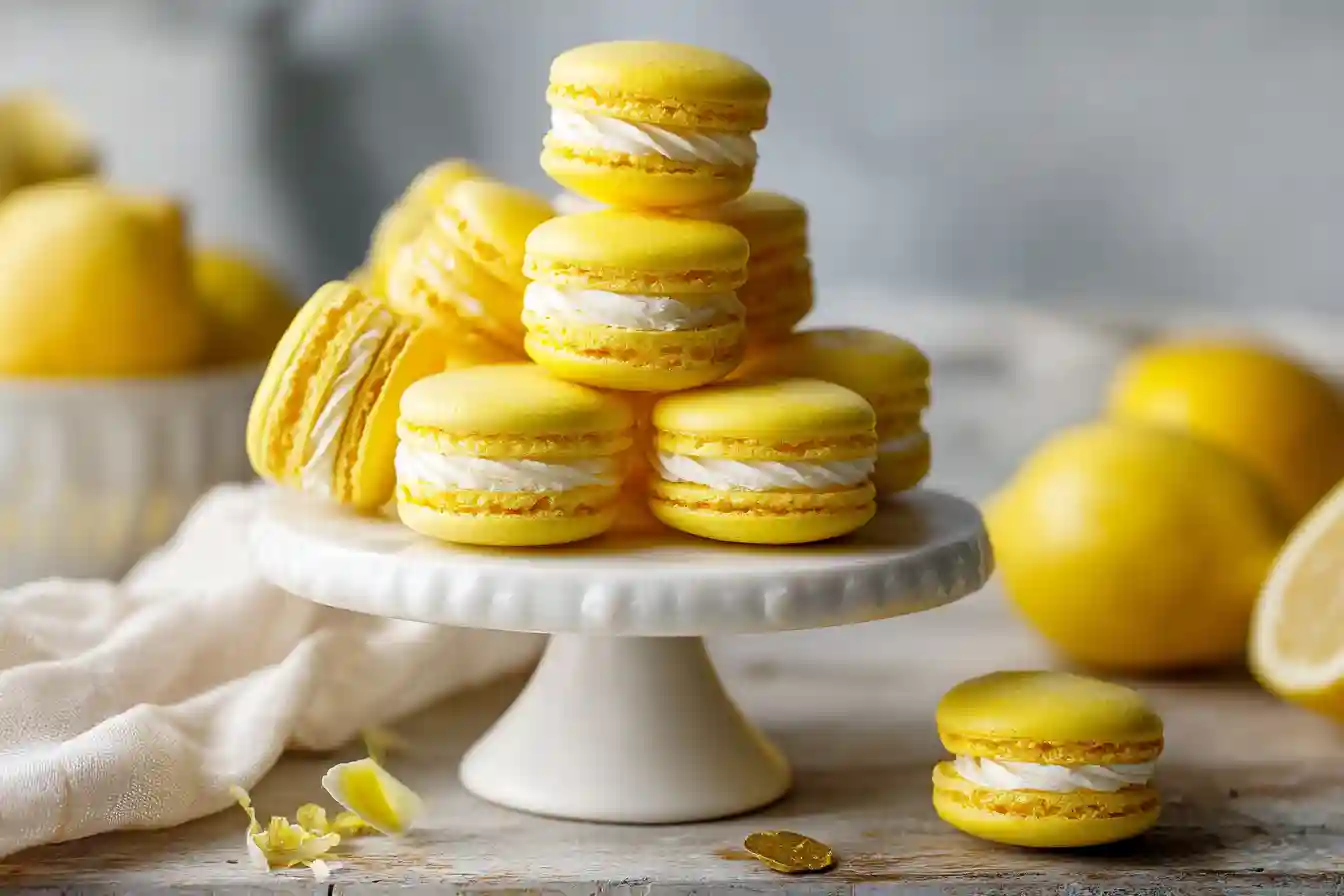 Présentoir de macarons au citron jaune vif dans une cuisine lumineuse