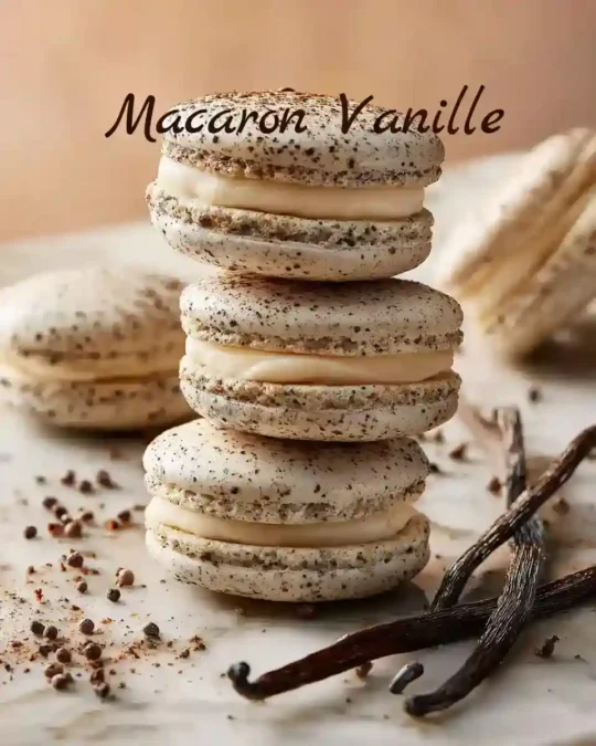 Pyramide de macarons à la vanille saupoudrés de grains de vanille