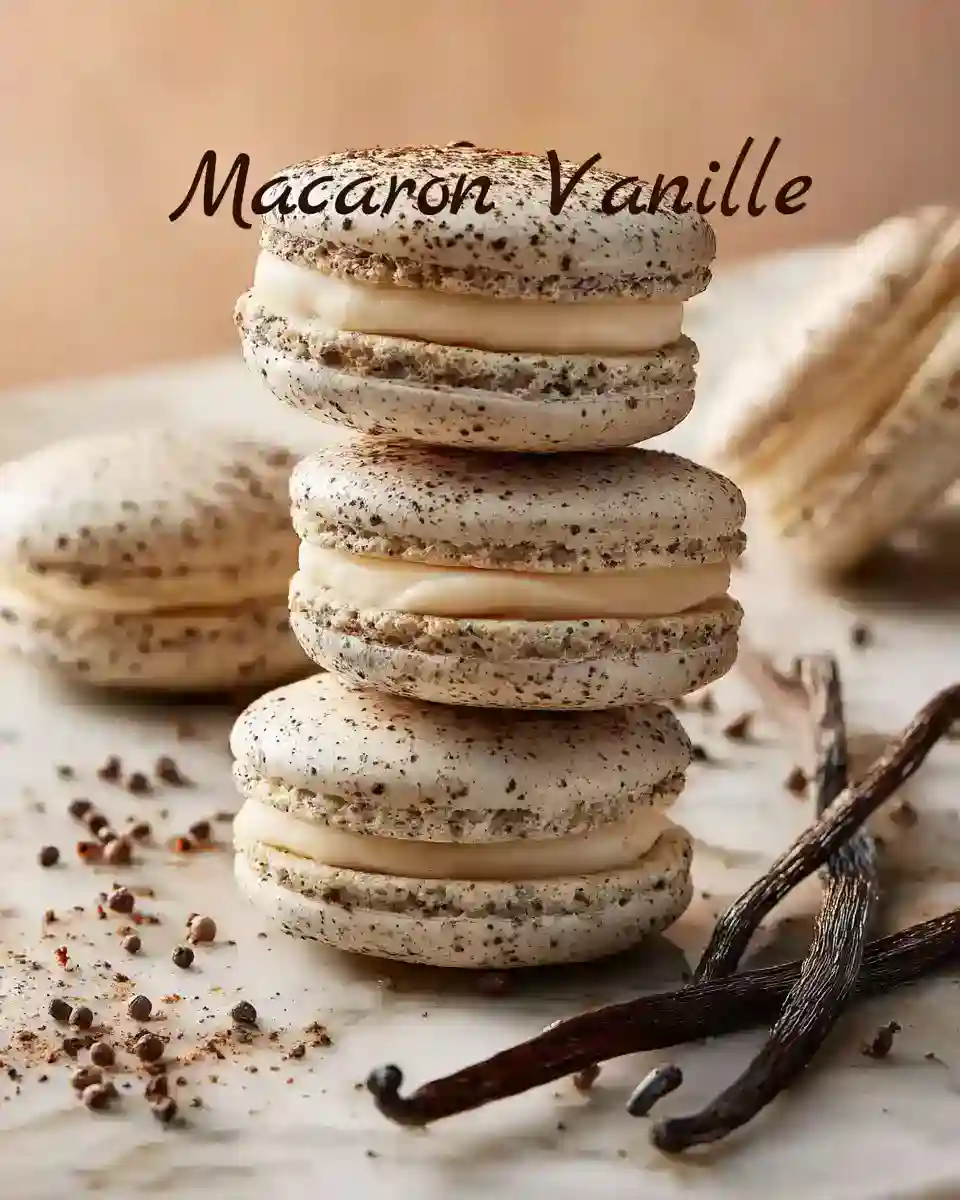 Pyramide de macarons à la vanille saupoudrés de grains de vanille