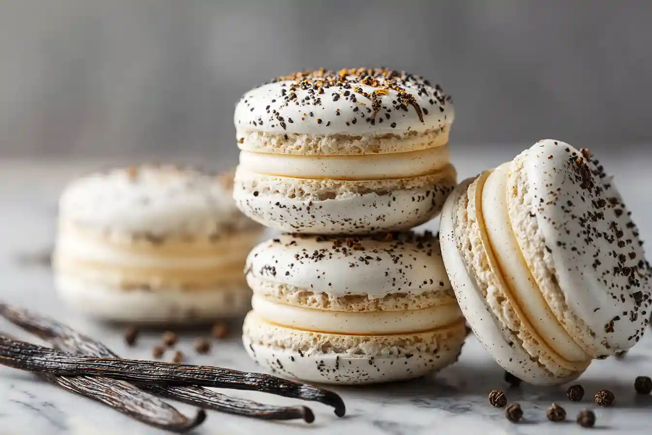 Pyramide de macarons à la vanille saupoudrés de grains de vanillePyramide de macarons à la vanille saupoudrés de grains de vanille