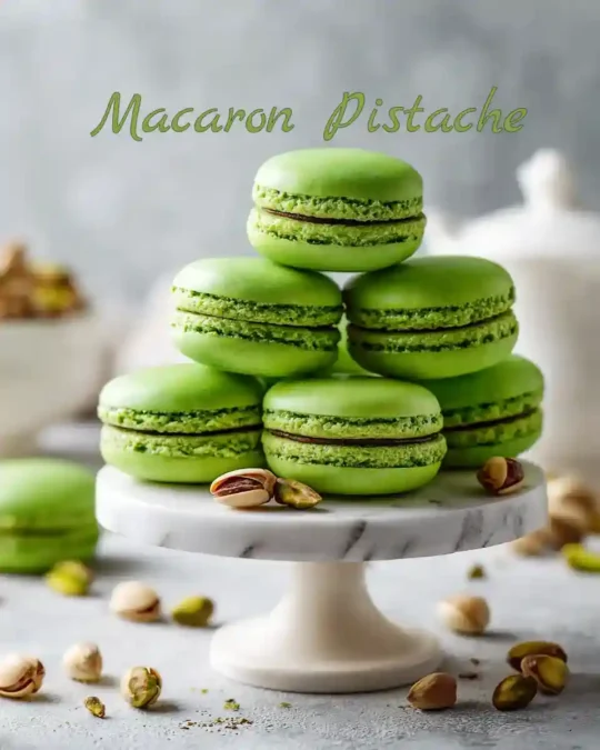 Pile de macarons à la pistache sur un support en marbre