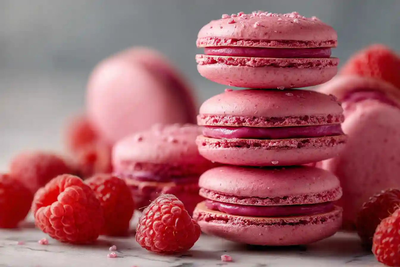 Pyramide de macarons aux framboises roses sur marbre blanc.