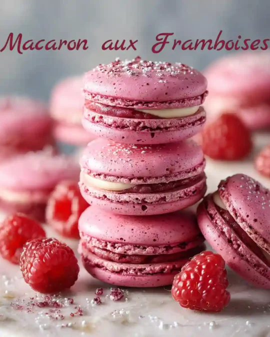 Pyramide de macarons aux framboises roses sur marbre blanc.