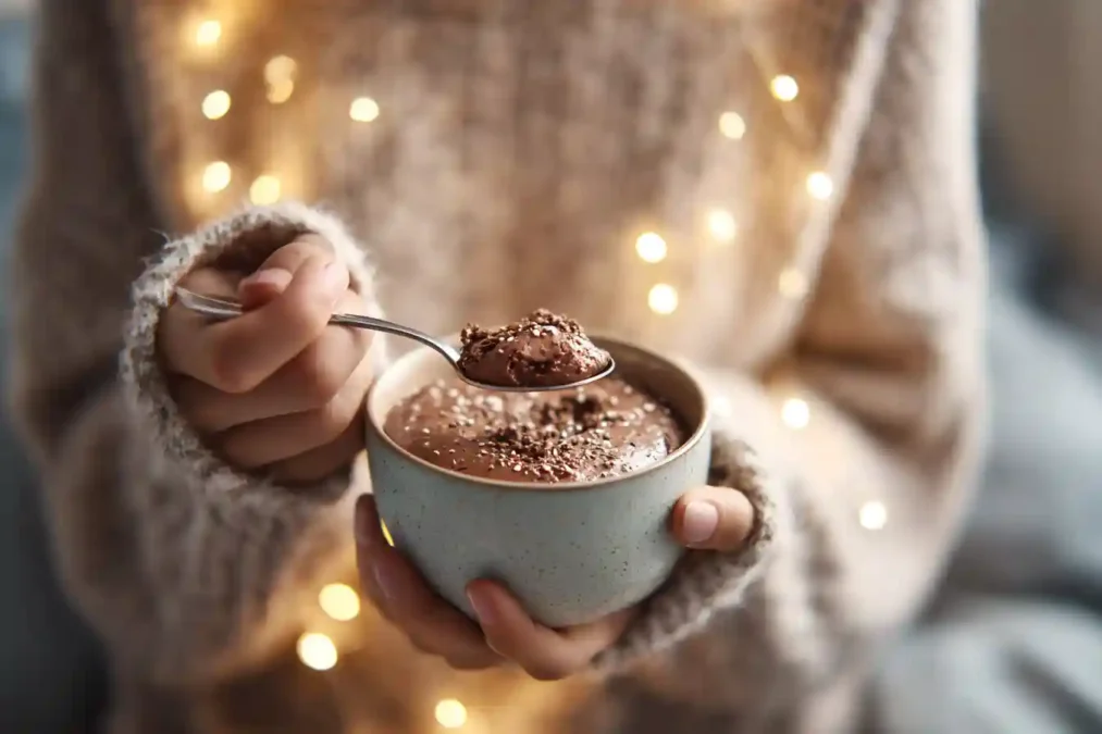 Personne dégustant un mug cake au Nutella chaud dans une ambiance cosy