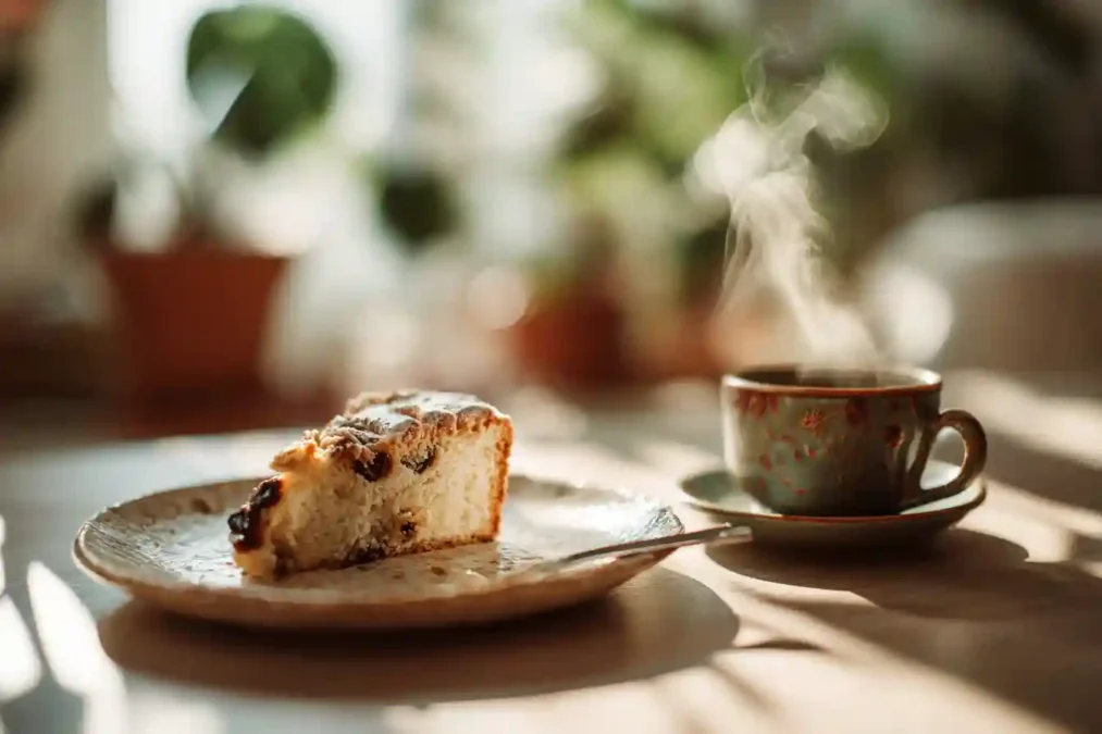 Une part de Kolac servie avec une tasse de café