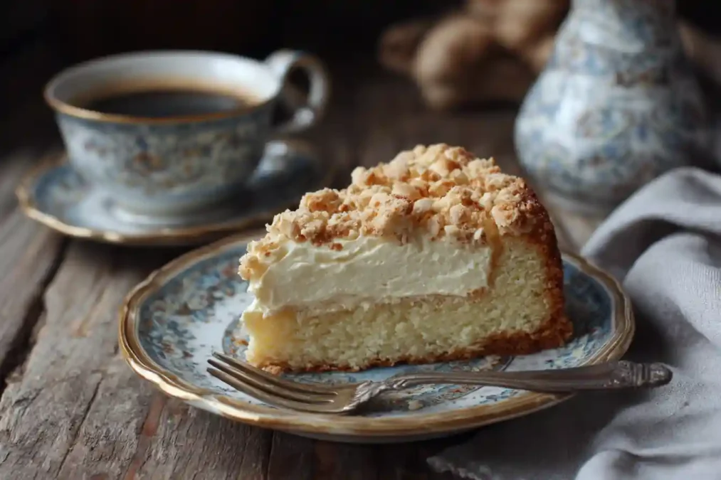 Part de gâteau de ménage moelleux servie avec un café