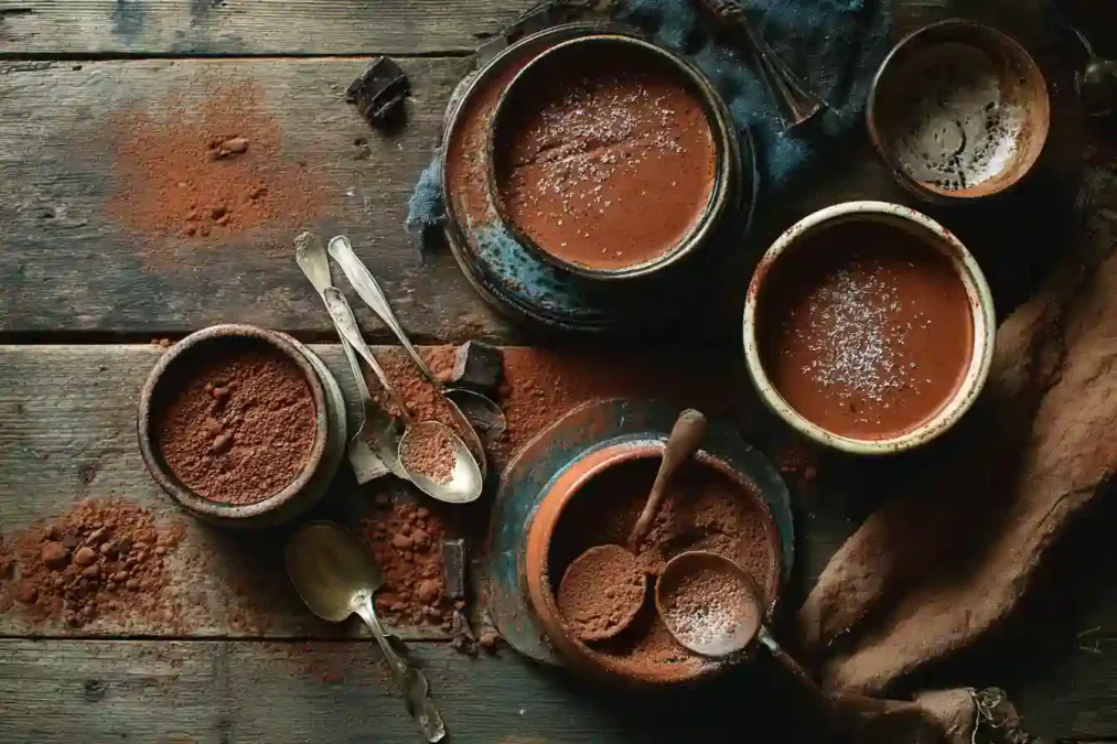 Table de dessert avec plusieurs bols de mousse au chocolat