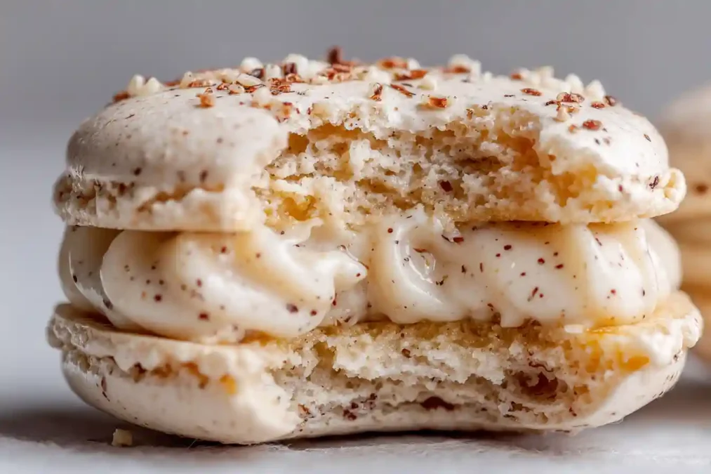 Zoom sur l'intérieur moelleux d'un macaron vanille et sa ganache montée