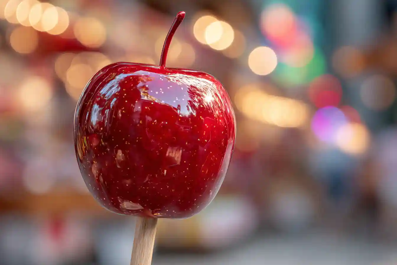 Pomme d'amour rouge brillante devant une fête foraine