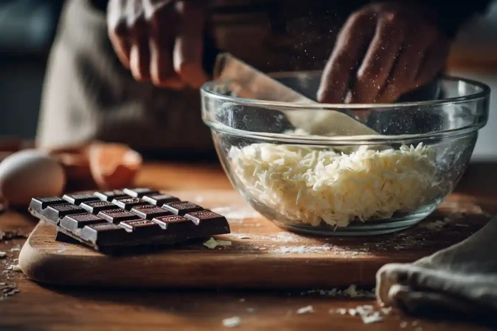 Ingrédients pour mousse au chocolat sur plan de travail