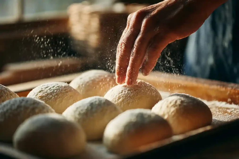 Main préparant la pâte du gâteau de ménage en faisant des trous avec les doigts