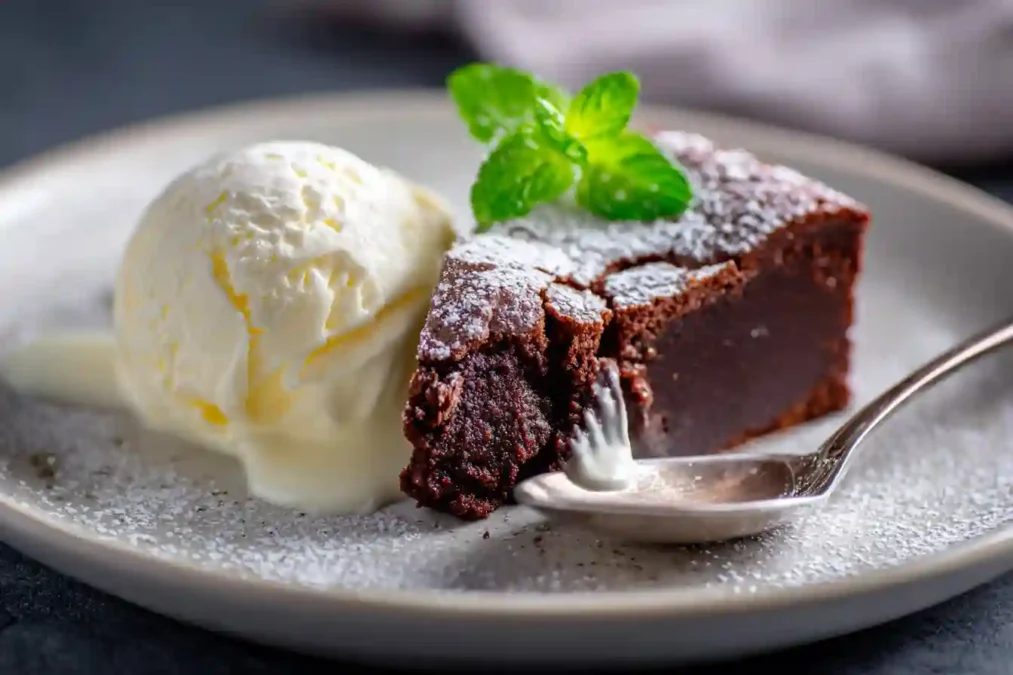 Part de moelleux au chocolat servie avec de la glace vanille