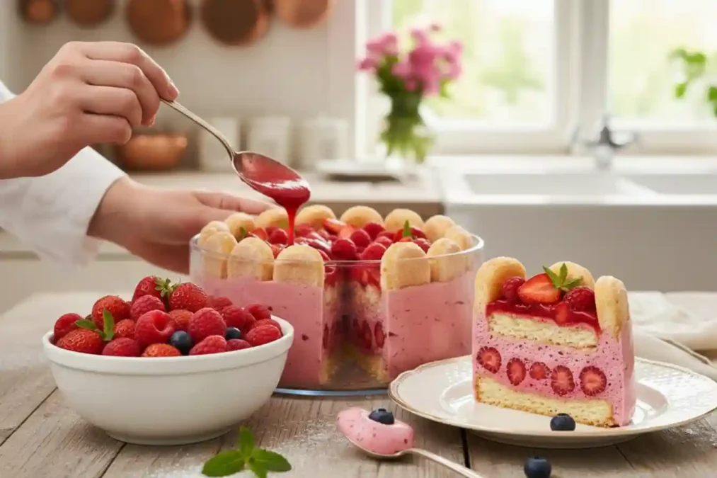 Une charlotte aux fruits rouges avec une part découpée montrant la mousse rose, les fraises fraîches et le nappage au coulis