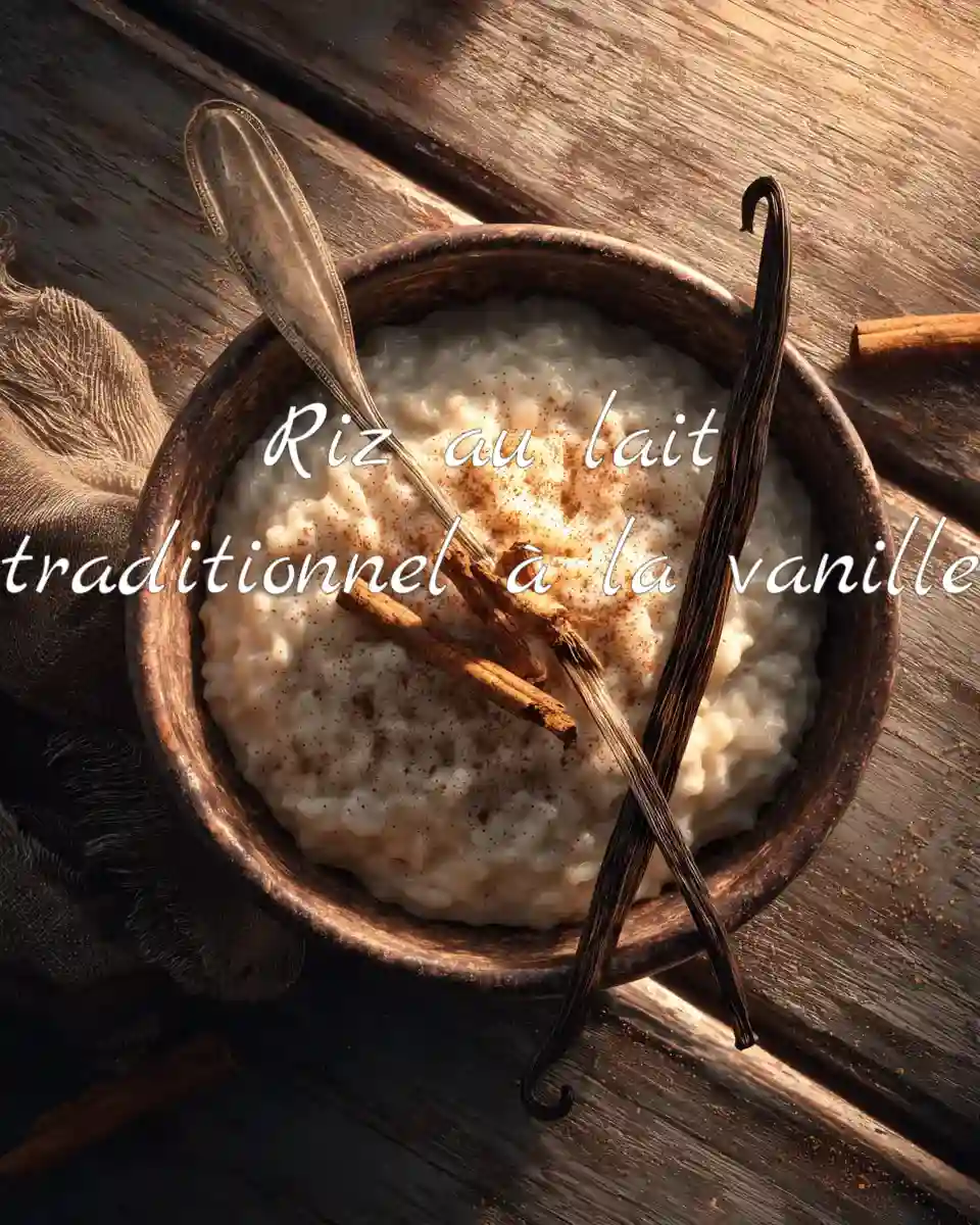 Bol de riz au lait crémeux à la vanille sur une table en bois