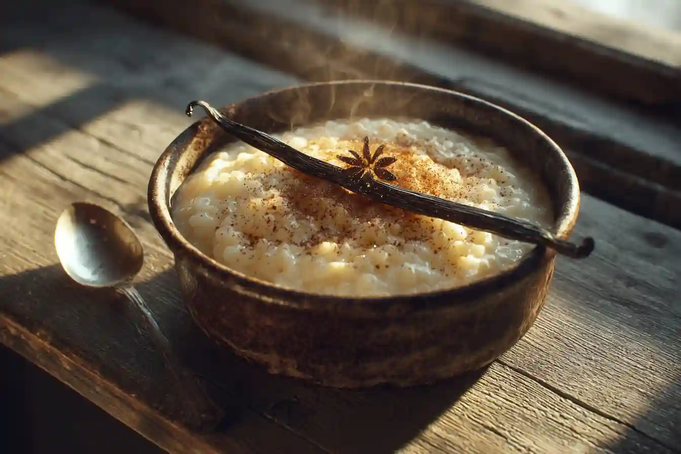 Bol de riz au lait crémeux à la vanille sur une table en bois