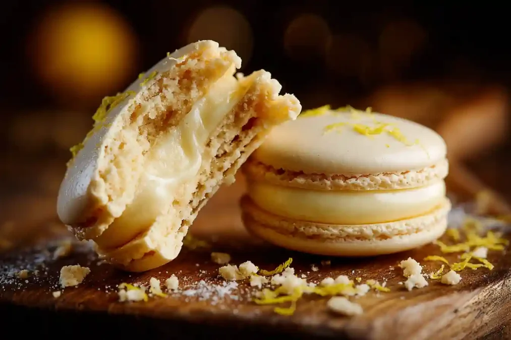 Coupe nette d'un macaron au citron montrant la garniture crémeuse