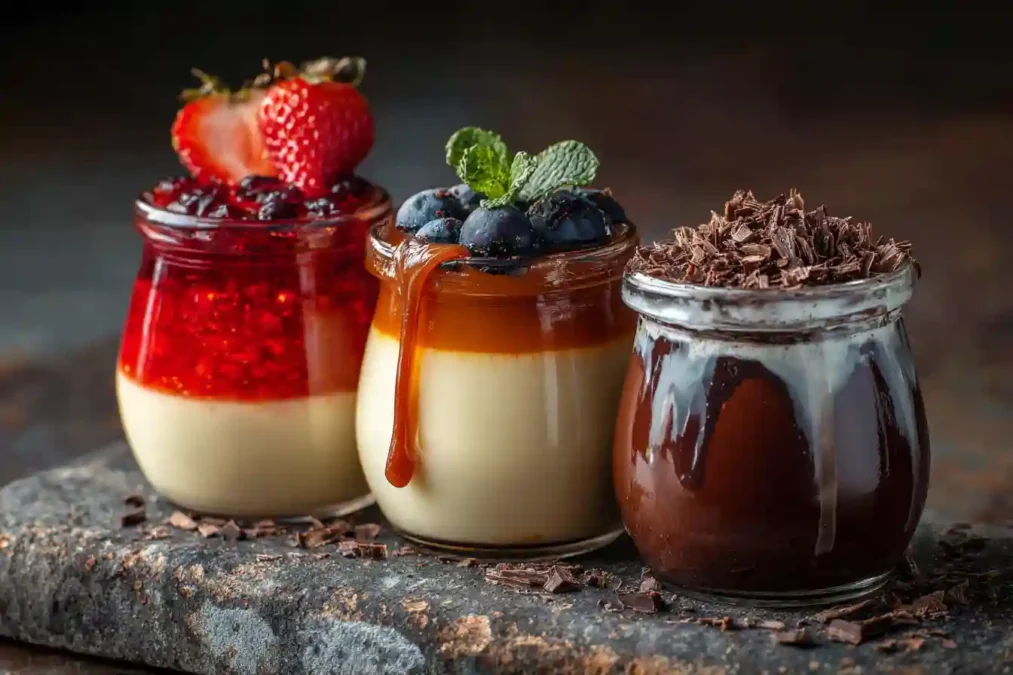 Trio de panna cottas avec différents nappages