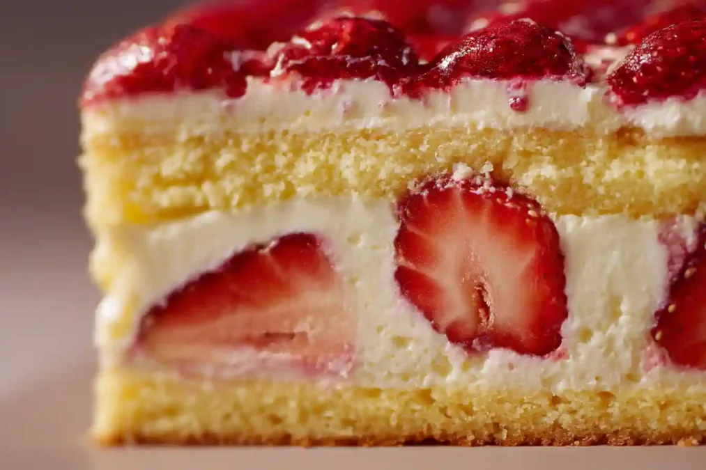 Zoom sur les couches internes d'un fraisier avec crème mousseline et fraises