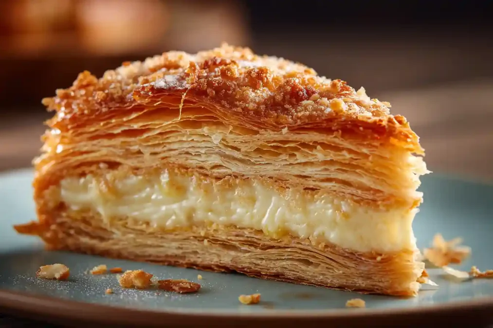 Gros plan sur une part de Pithiviers révélant le feuilletage et la crème d'amandes