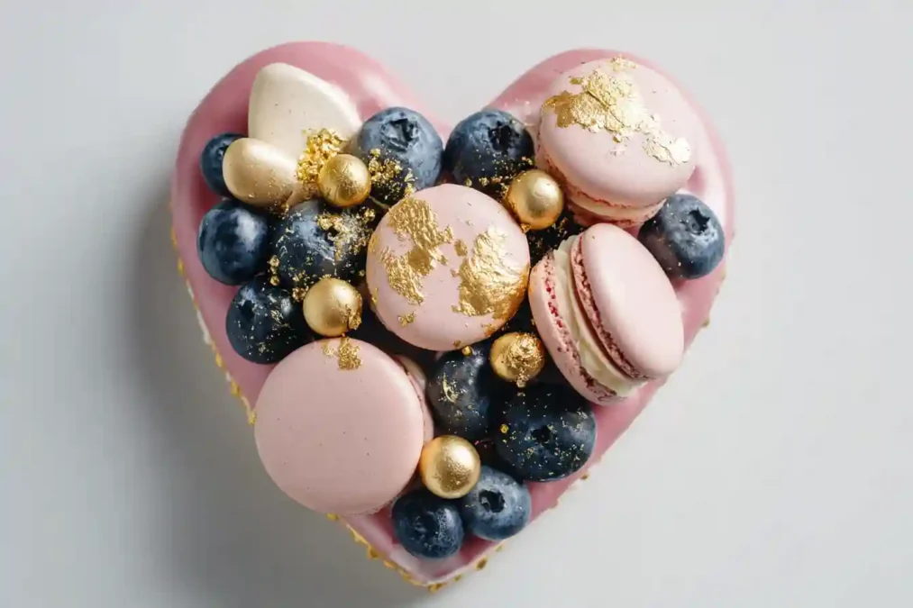 Décoration détaillée d'un Number Cake coeur avec macarons et fleurs