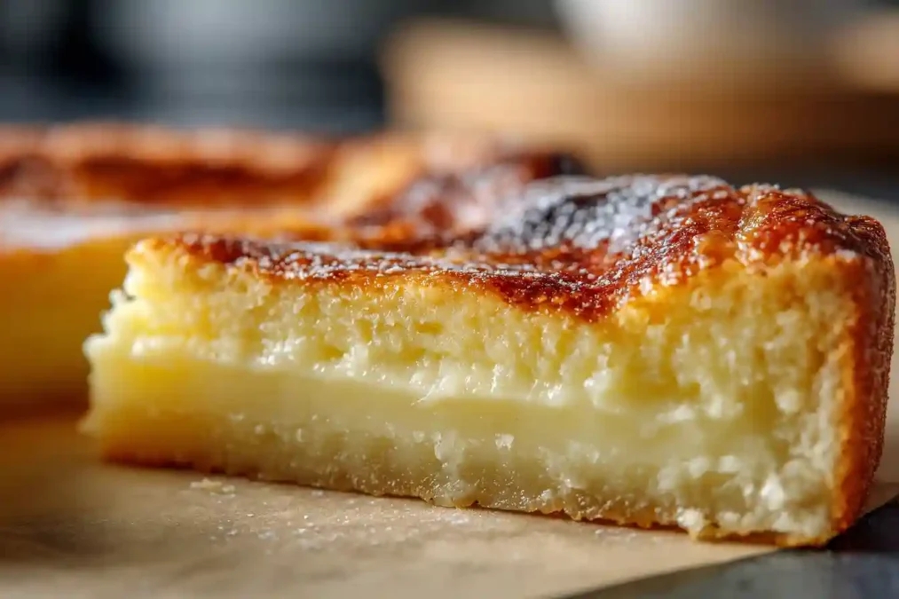 Coupe d'une part de gâteau basque révélant la crème pâtissière